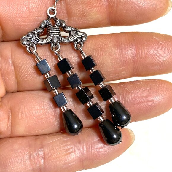 2/20$, Natural Gemstone Hematite Gothic Chandelier Sterling Silver Earrings - Picture 10 of 11